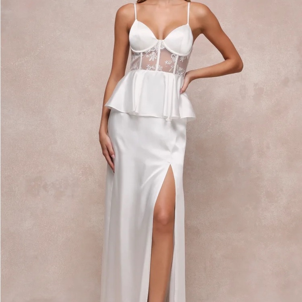 Lulus Iconic Adoration White Satin Peplum Sheer Bustier Maxi Dress